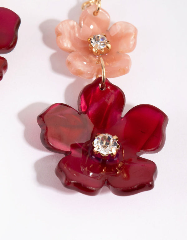 Gold Double Flower Drop Earrings