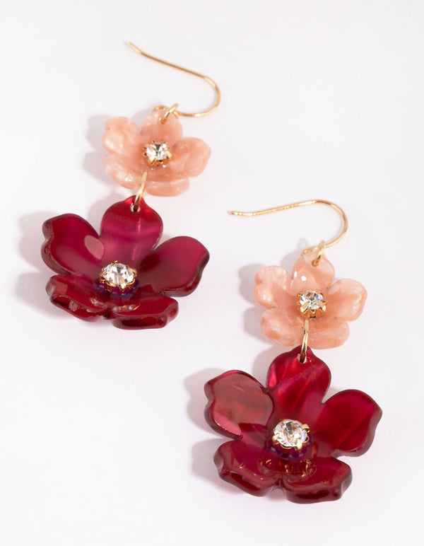 Gold Double Flower Drop Earrings