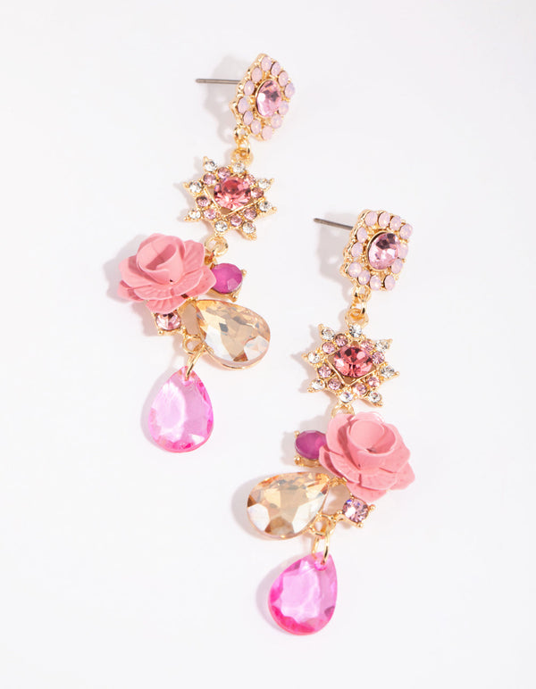 Gold and Pink Pretty Flower Drop Earrings