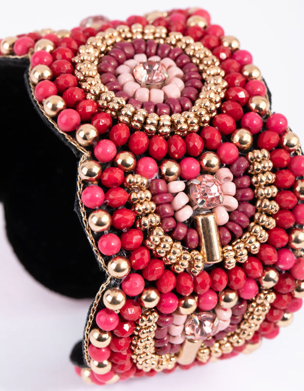 Gold and Red Beaded Scallop Cuff Bracelet