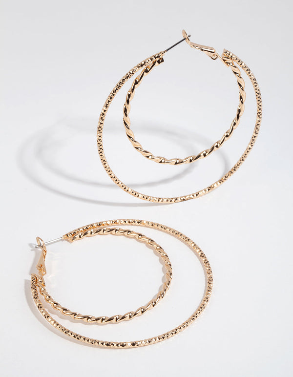 Gold Diamond Cut Double Row Hoop Earrings