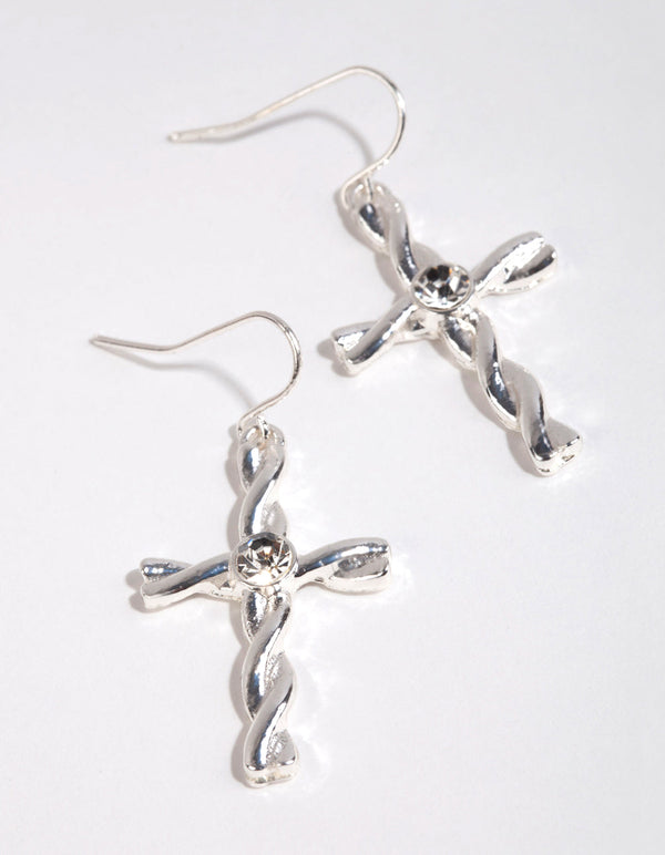 Silver Twisted Cross Drop Earrings
