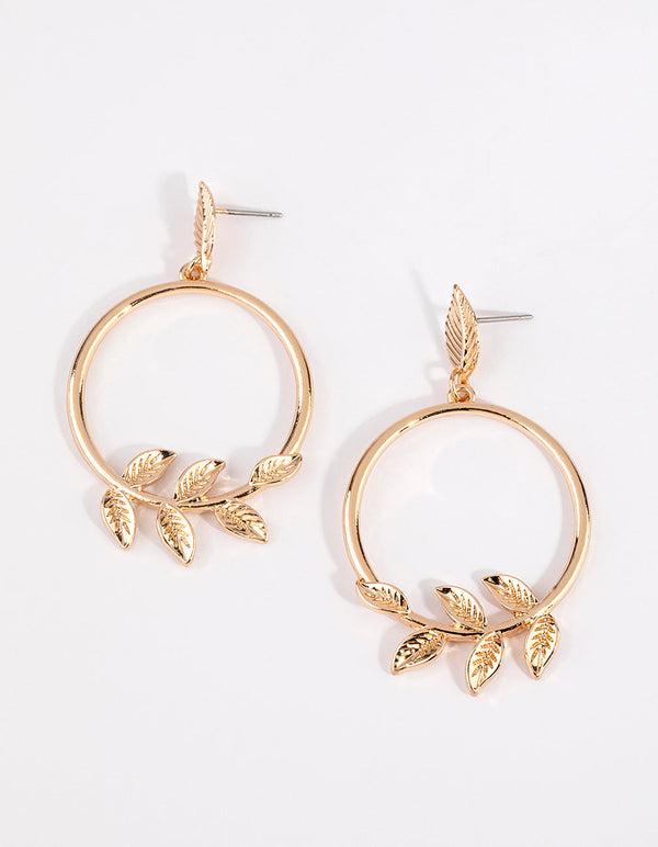 Gold Leaf and Disc Drop Earrings