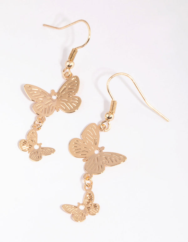 Gold Double Butterfly Drop Earrings