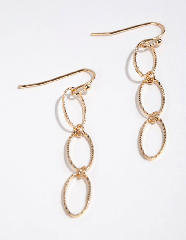 Gold Diamond Cut Triple Link Drop Earrings
