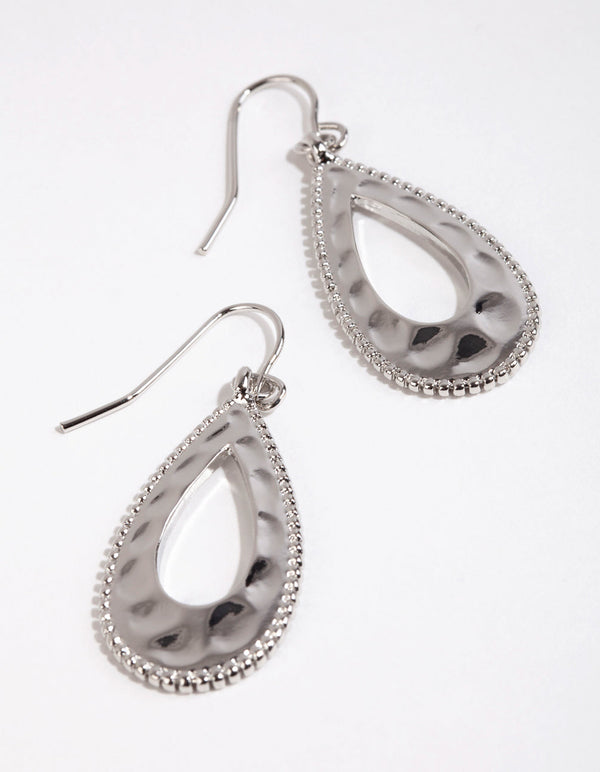 Rhodium Dinted Dot Teardrop Earrings