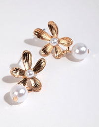 Gold Flower Pearl Drop Stud Earrings - link has visual effect only