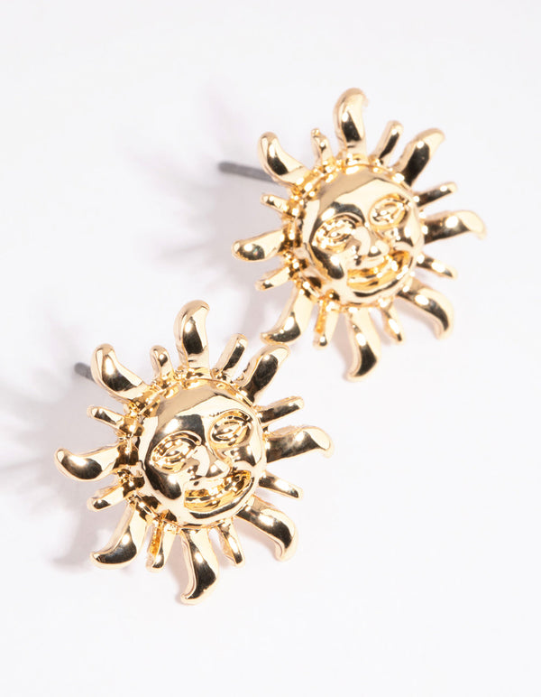 Gold Smiling Sun Stud Earrings