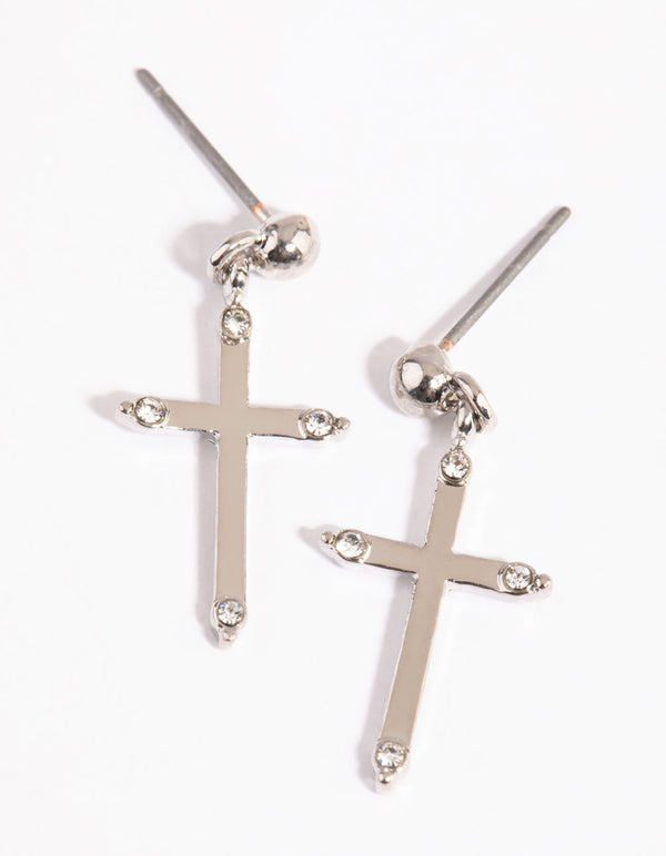 Rhodium Diamante Cross Stud Earrings