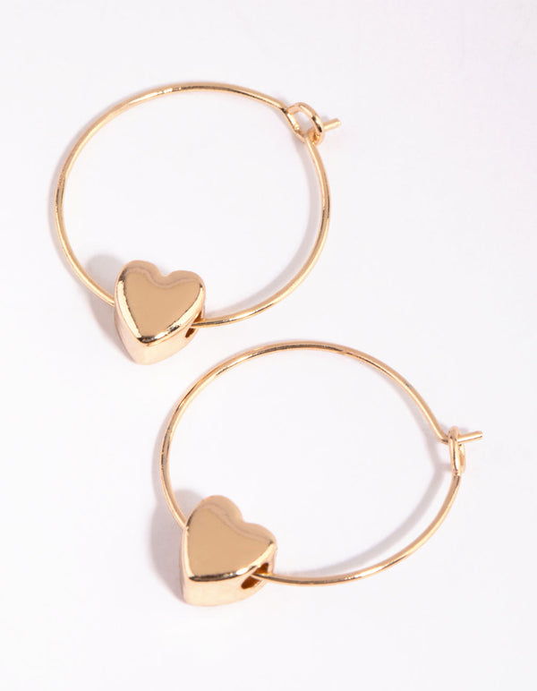 Gold Threaded Heart Charm Huggie Hoop Earrings