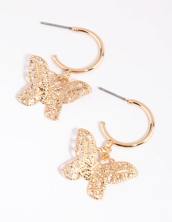 Gold Filigree Butterfly Huggie Hoop Earrings