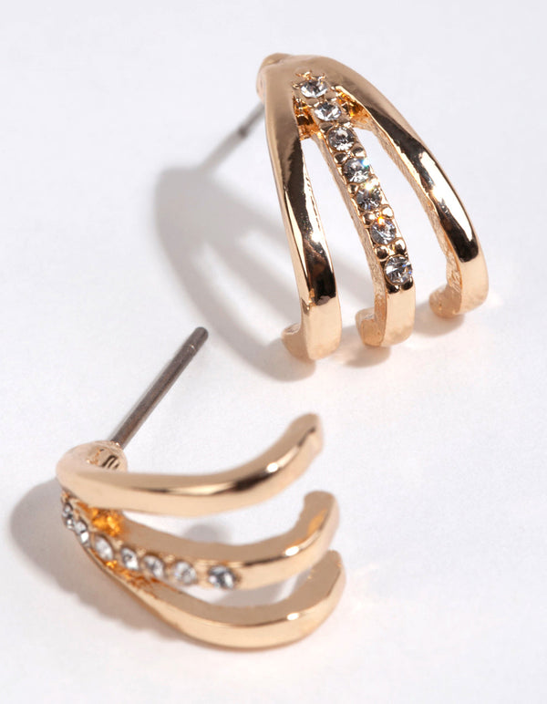 Gold Diamante Centre Trio Huggie Earrings