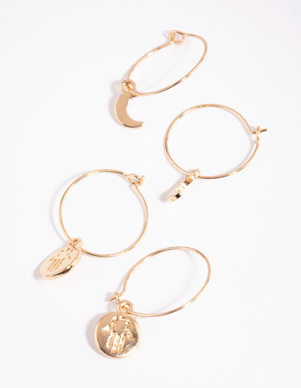 Gold Moon and Hand Coin Earring Set