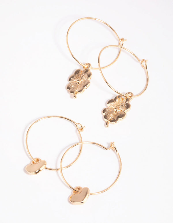 Gold Heart and Four Leaf Clover Earring Set