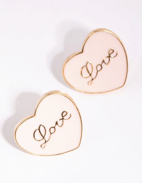 Gold and Pink Enamel Love Earrings