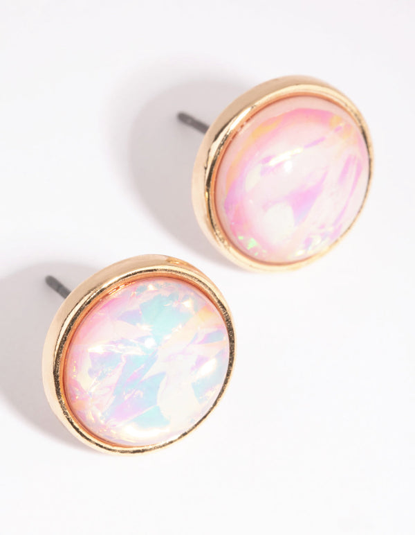 Gold Round Iridescent Stud Earrings