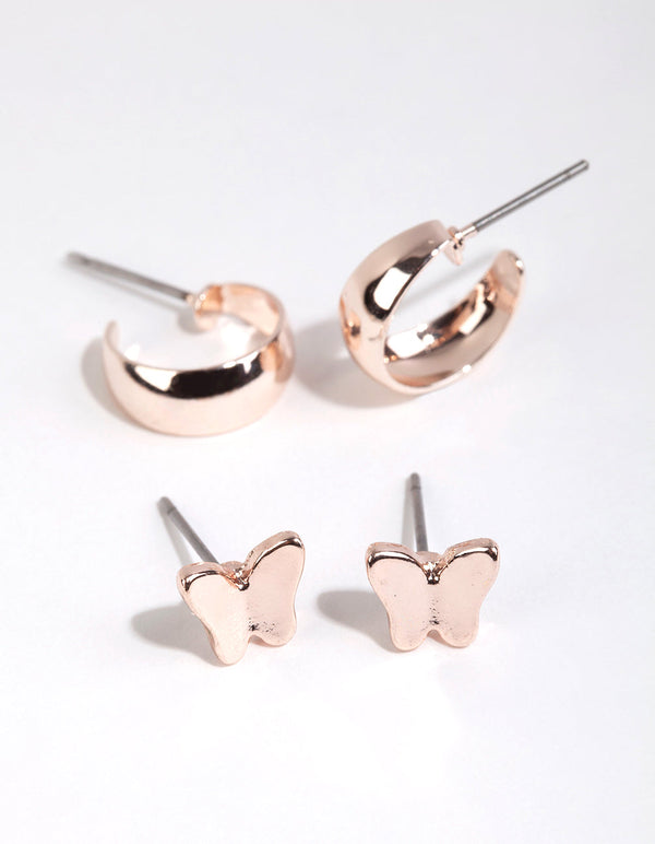 Rose Gold Butterfly Stud and Hoop Earring Pack
