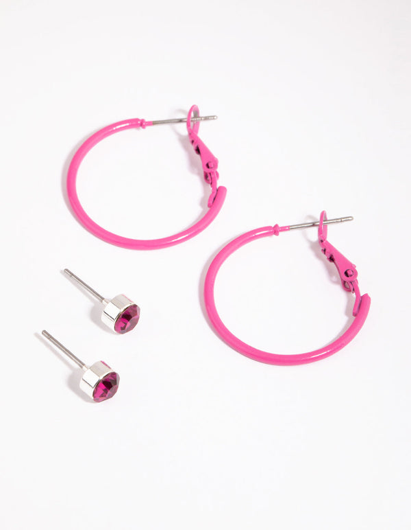 Pink Diamante Stud and Hoop Earring Set