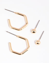 Gold Stud and Pentagon Hoop Earring Set - link has visual effect only
