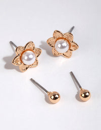 Gold Pearl Flower Stud Earring Pack - link has visual effect only