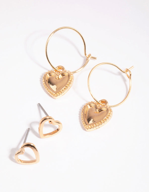 Gold Heart Hoop and Stud Earring Set