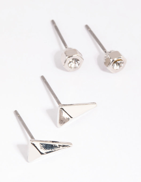 Rhodium Diamante and Triangle Stud Earring Set
