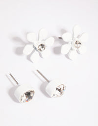 Matte White Diamante Stud and Flower Earring Set - link has visual effect only
