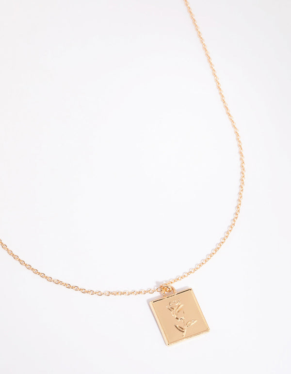 Gold Rose Square Pendant Necklace