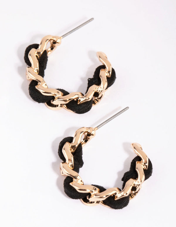 Gold and Black PU Plait Hoop Earrings