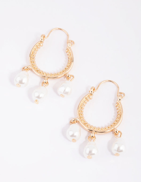 Gold Horseshoe Pearl Hoop Earrings