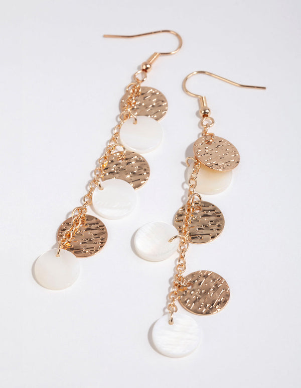 Gold Shell and Metal Disc Drop Earrings