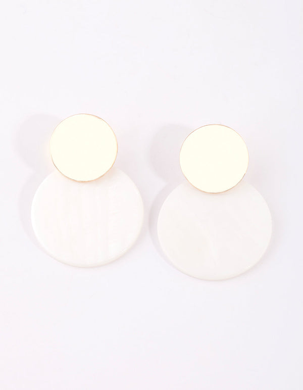 Gold Wave and Shell Disc Drop Earrings