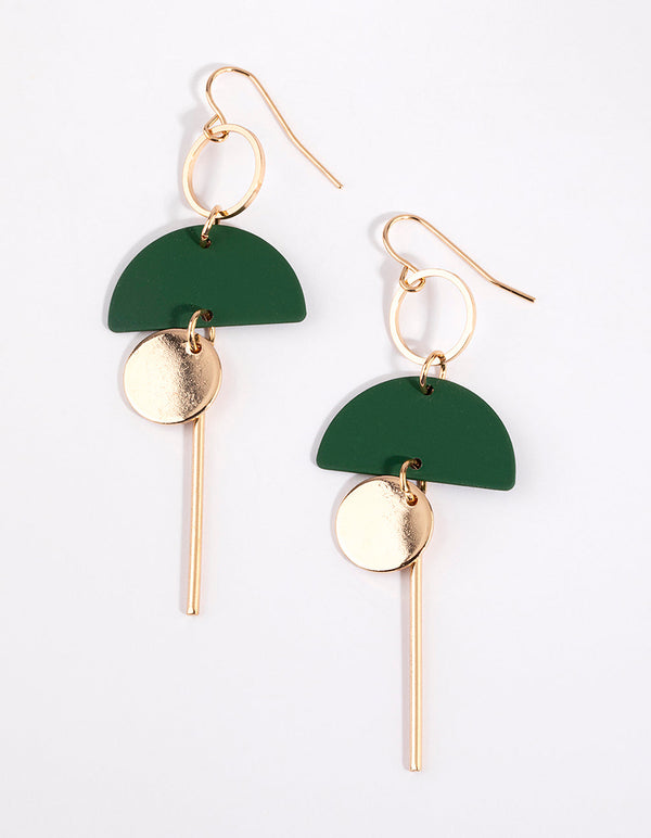 Green Disc and Bar Drop Earrings