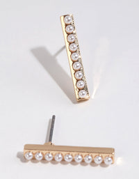 Gold Pearl Detailed Bar Stud Earrings - link has visual effect only
