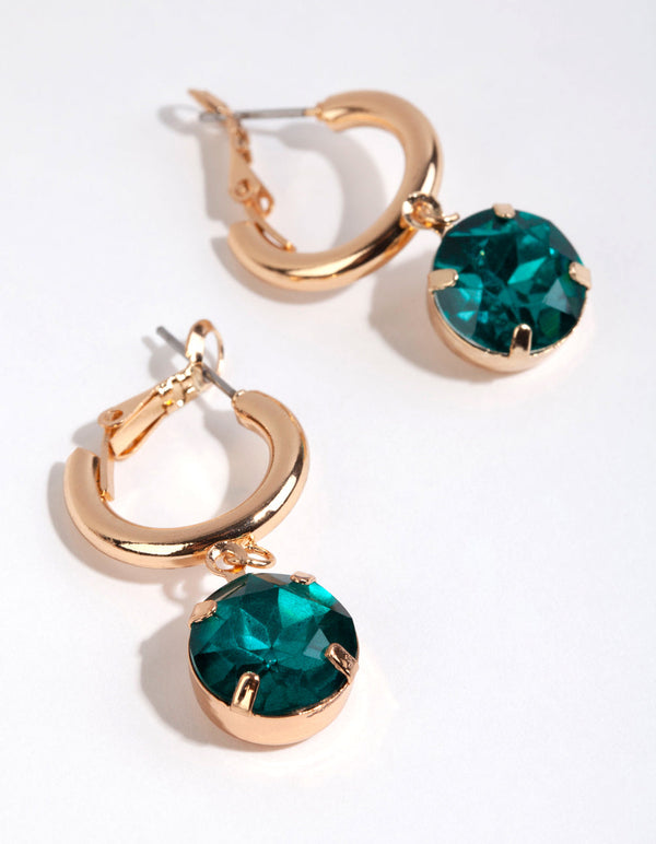 Green Round Diamante Huggie Earrings