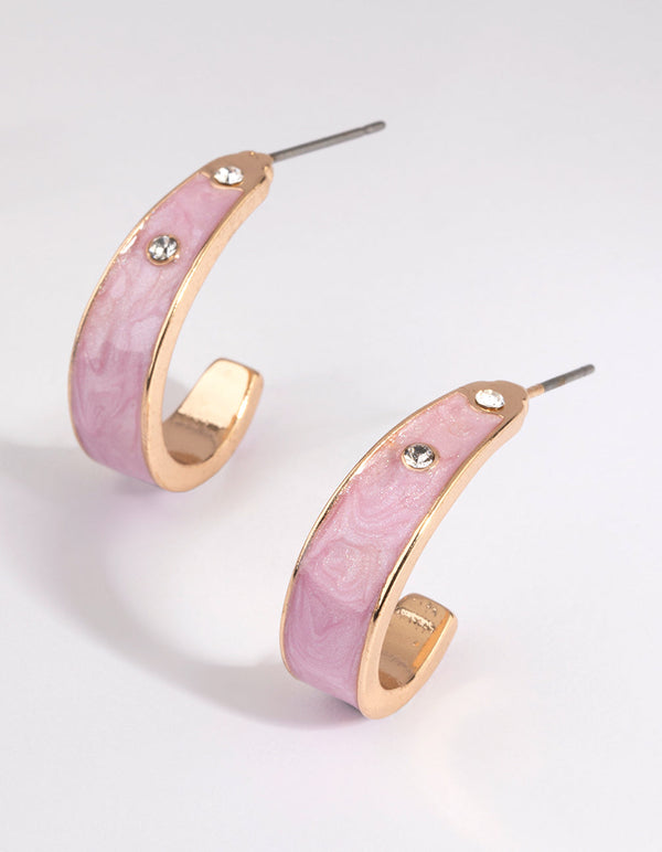 Gold and Pink Swirled Enamel Diamante Hoop Earrings