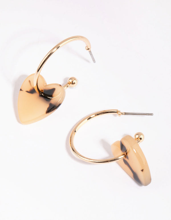 Gold Tortoiseshell Acrylic Heart Open Hoop Earrings