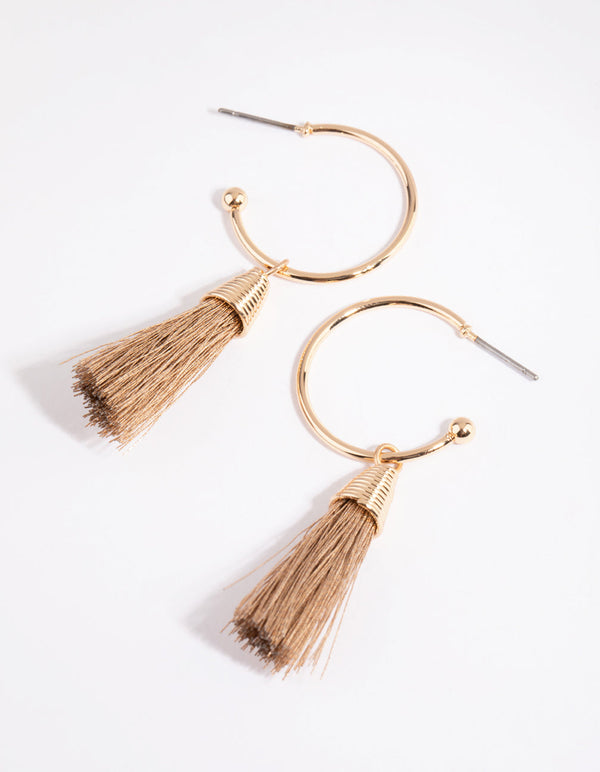 Gold Capped Tassel Open Hoop Earrings