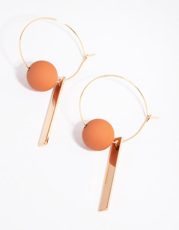 Gold and Brown Ball and Bar Hoop Earrings
