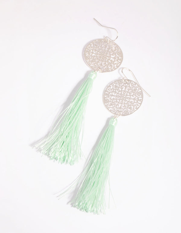 Silver Filigree Stamp and Mint Tassel Earrings