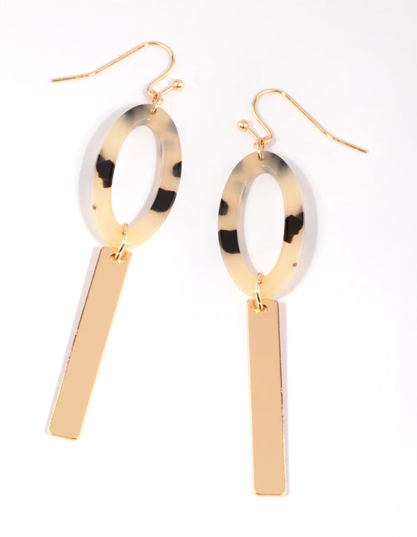 Gold Tortoiseshell Oval Acrylic Bead and Bar Earrings