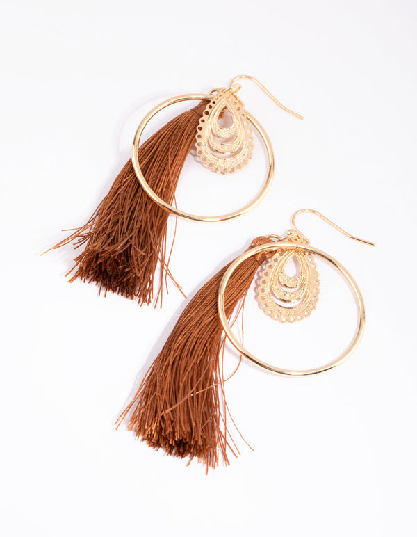Gold Filigree and Tan Tassel Drop Earrings