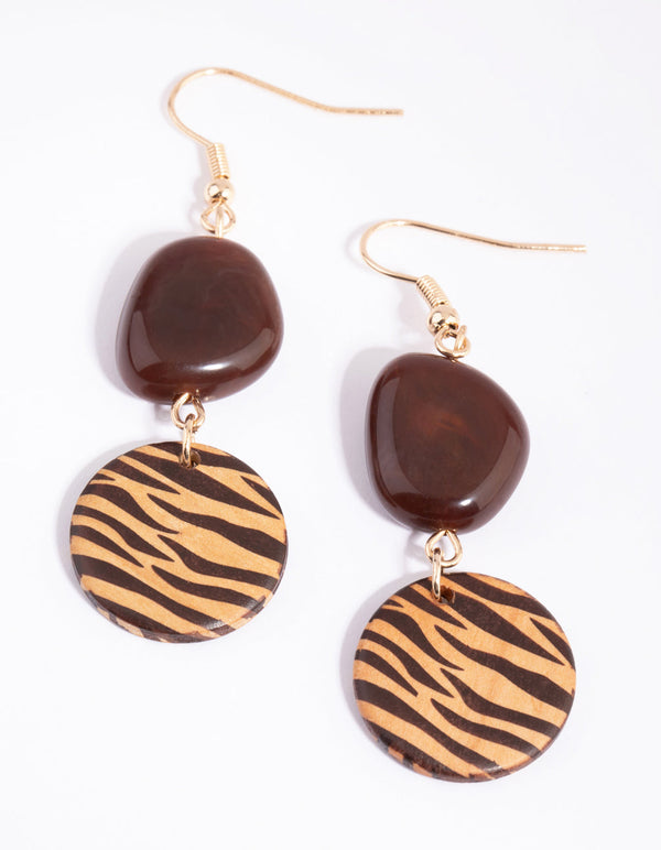 Gold Animal Print Wooden Bead Earrings