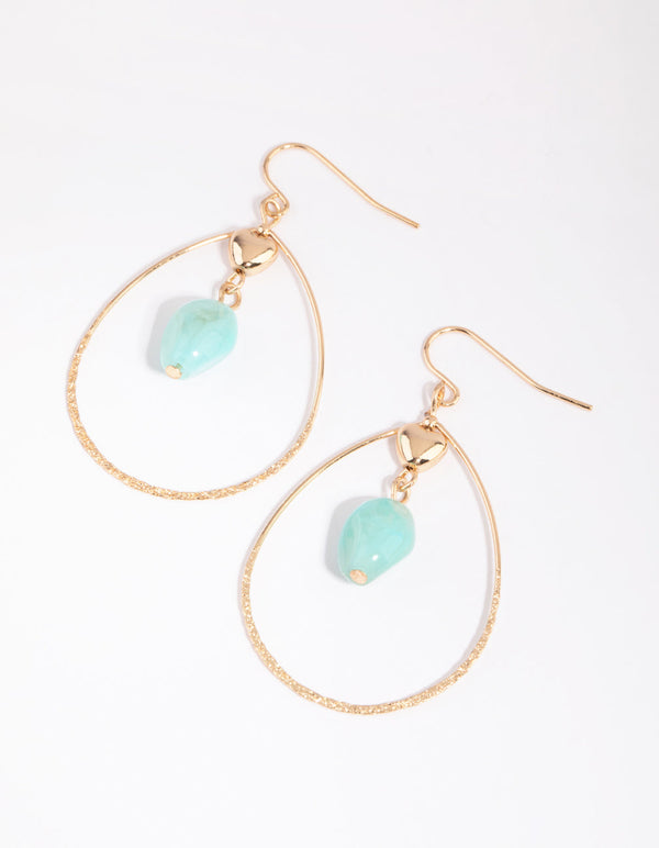 Gold Open Teardrop and Turquoise Facet Bead Earrings