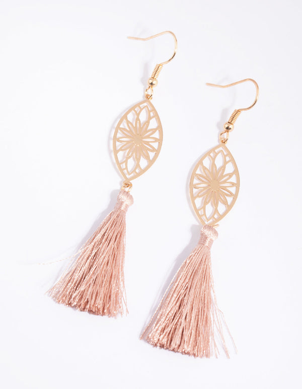 Blush Tassel and Flower Disc Drop Earrings