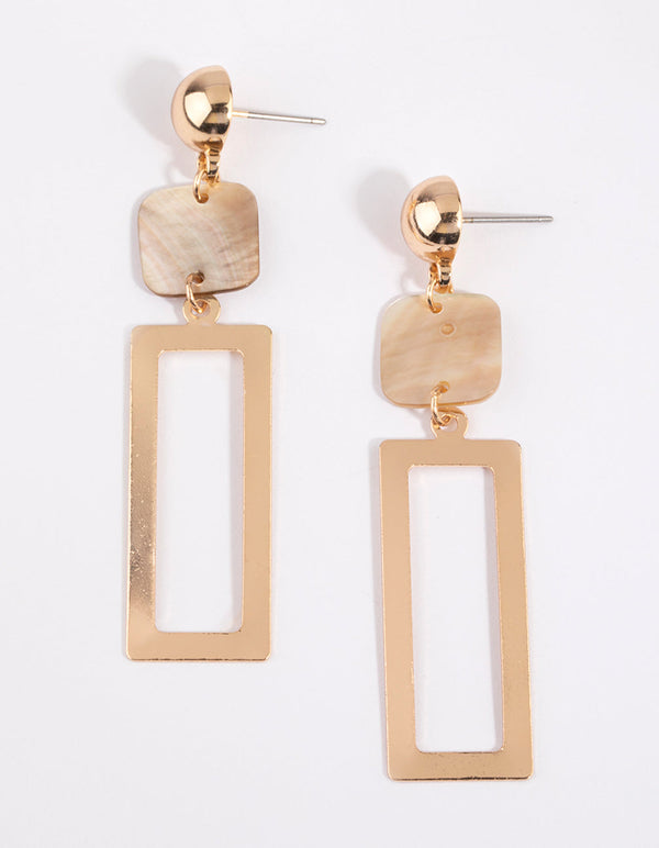 Gold Square and Shell Drop Earrings