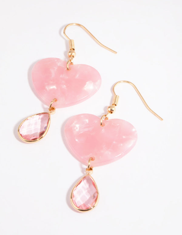 Gold and Pink Acrylic Heart Earrings