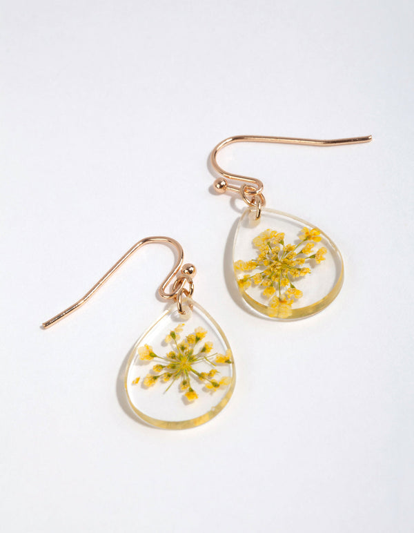 Yellow Pear Shaped Trapped Flower Earrings