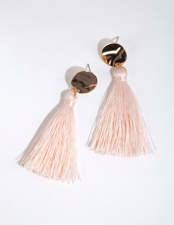 Pink Beaten Disc Long Tassel Earrings