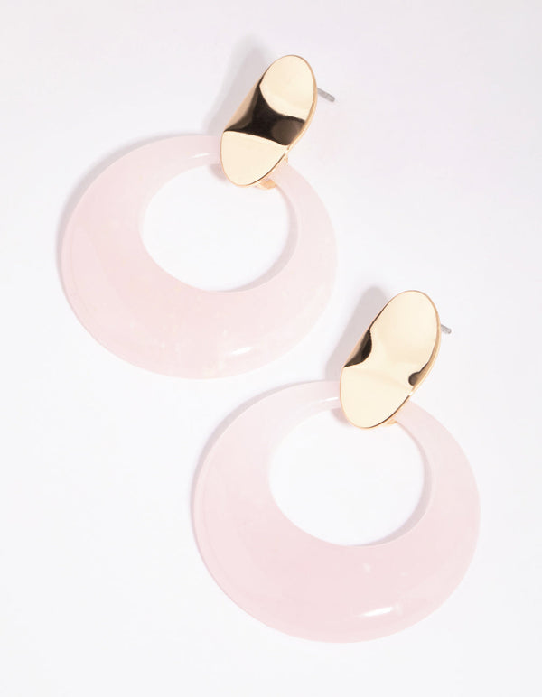 Gold Wavey Stud and Pink Acrylic Circle Earrings